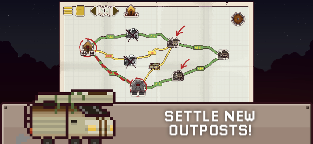 Una pantalla de mapa estratégico en Final Outpost que muestra rutas y ubicaciones para establecer nuevas bases con una furgoneta de pixel art en primer plano.