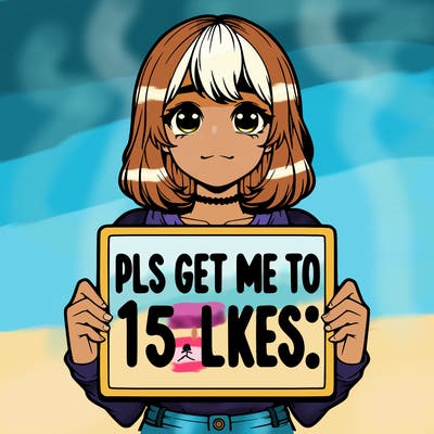 realistic girl holding up a sign that says “pls get me to 15 likes!”