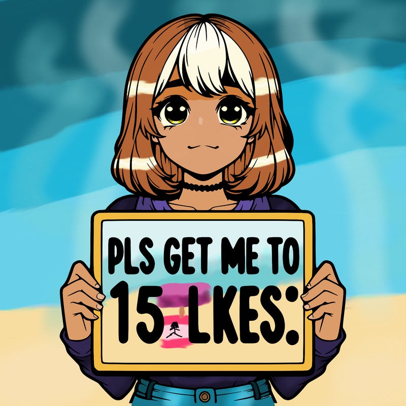realistic girl holding up a sign that says “pls get me to 15 likes!”