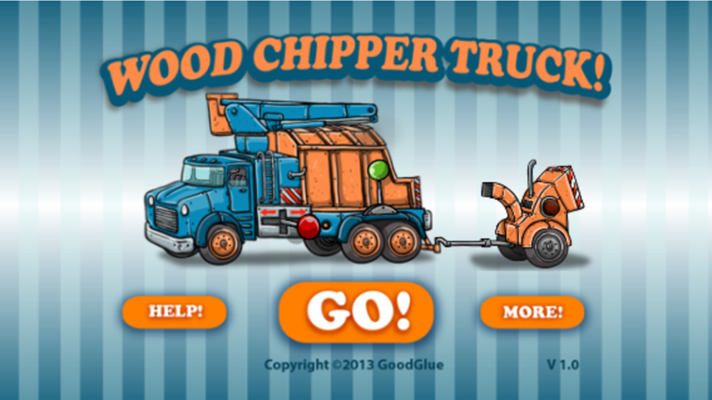 Wood Chipper Truck - ウッドチッパー・トラックのモバイルアプリのスタート画面。カートゥーン調のトラックとチッパーが描かれています。