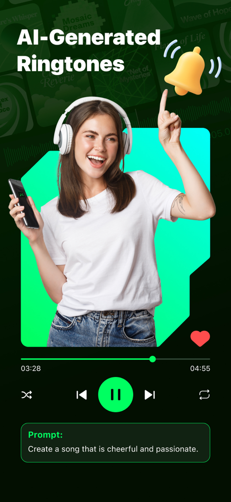 Eine Frau benutzt die AI Ringtones App, um benutzerdefinierte Musik aus einer Textaufforderung zu generieren.