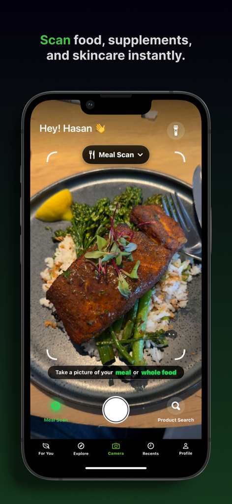 Nutrify AI - Scan Any Product - Nutrify AI app camera interface scanning a plate of salmon and vegetables for health analysis