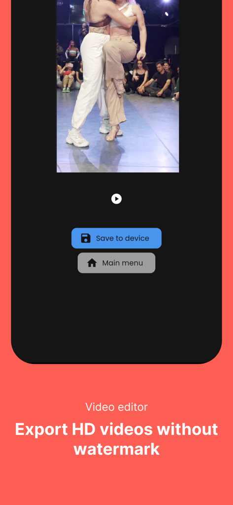 Bildschirm des ABCDancer-Videoeditors zum Exportieren von HD-Tanzvideos ohne Wasserzeichen