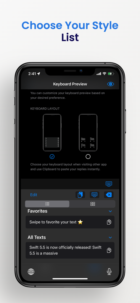 Configuración de vista previa del teclado de la aplicación Clipboard mostrando opciones de diseño de lista y cuadrícula para fragmentos de texto guardados.