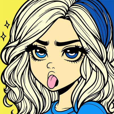 realistic annoyed girl with tongue out with waves hair