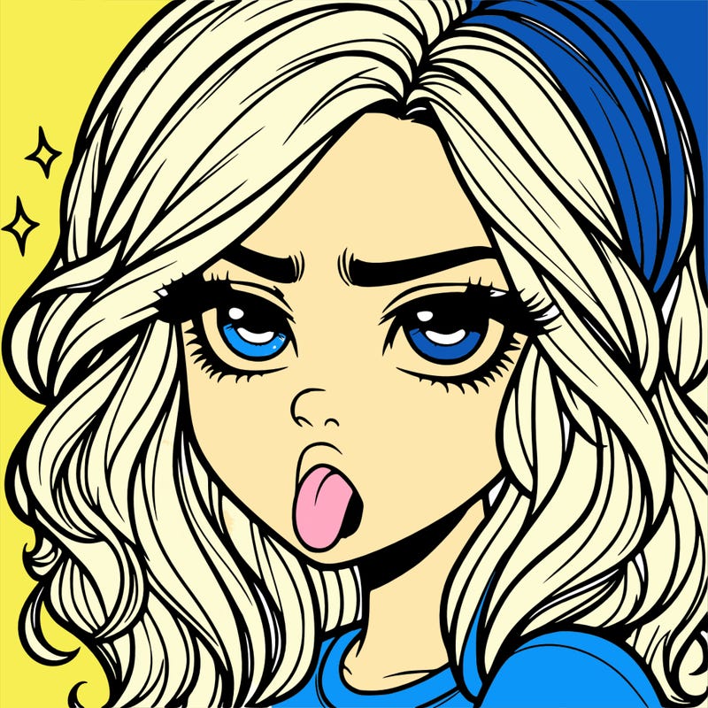 realistic annoyed girl with tongue out with waves hair