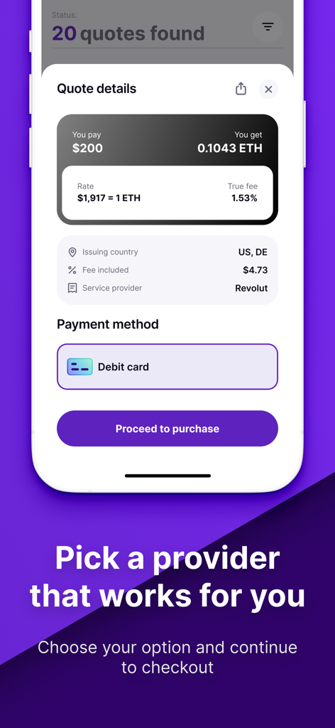 Coindisco mobile app interface showing detailed fee transparency and provider options for buying Ethereum