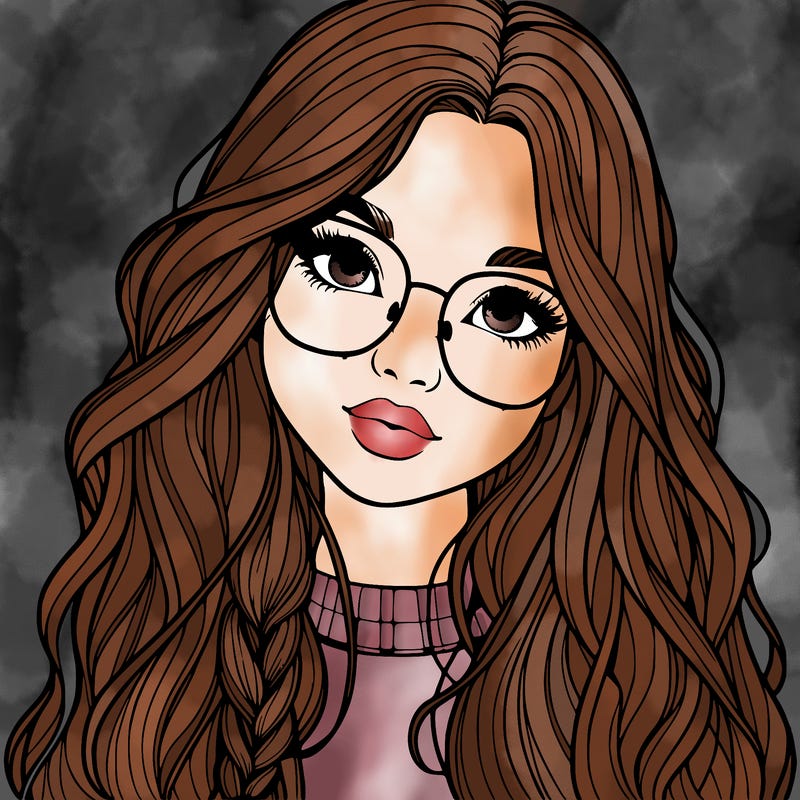 girl with long hair and freckles and glasses realistic