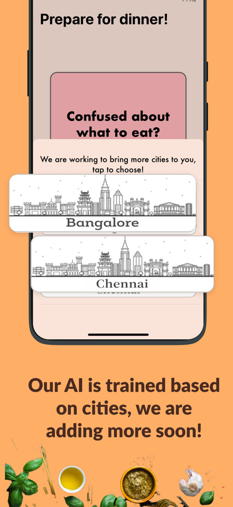 CocoTree: AI food suggestions - Pantalla de la app móvil CocoTree mostrando la selección de ciudad para recomendaciones de comida por IA.
