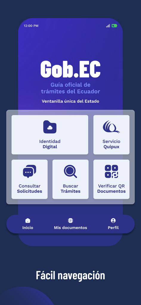 Gob.EC - Schermata principale dell'app mobile Gob.EC con servizi governativi e opzioni di identità digitale
