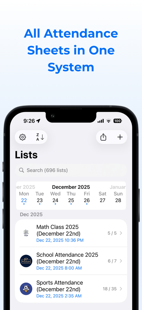 Smartphone screen showing various attendance sheets managed within the OneTap Check-In app