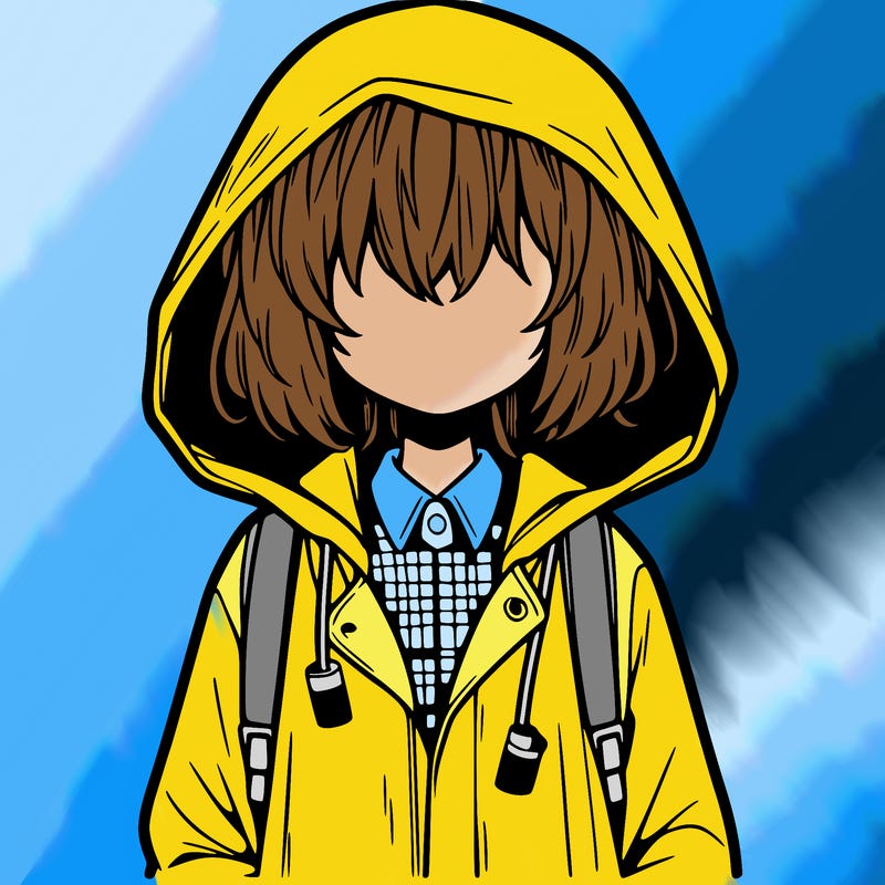 little anime girl in a raincoat her hair is covering her eyes she has a lighter