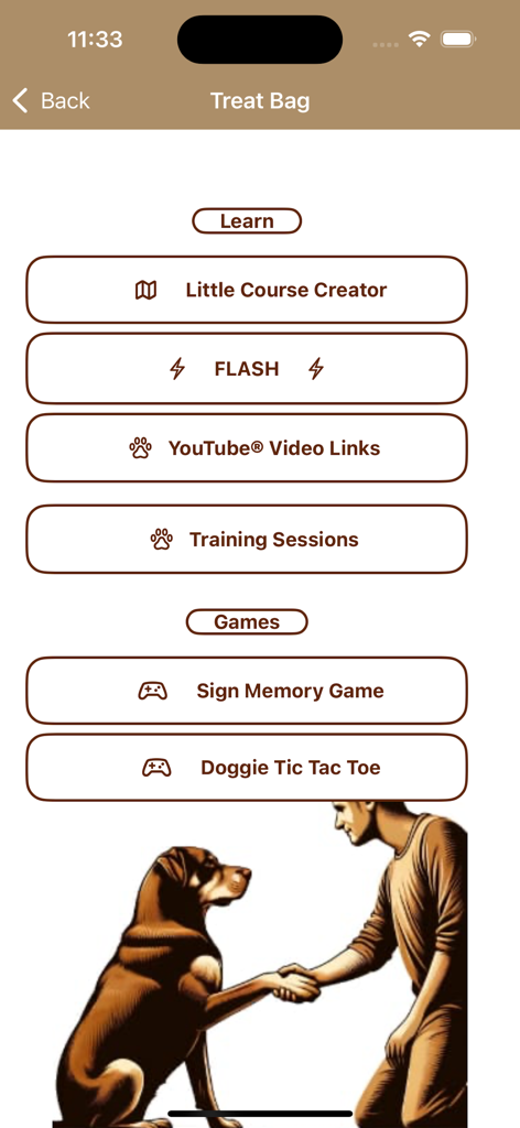 WCRL® Rally Dog Obedience - Treat Bag menu screen showing learning resources like course creator and training games