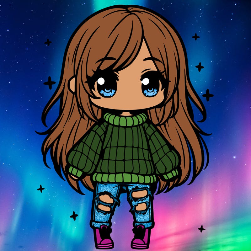 chibi girl with ripped jeans,long hair, and an oversized sweater