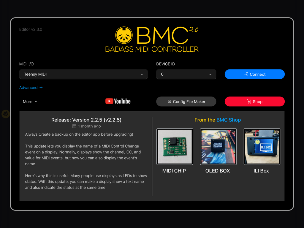 BMC Editor - Interface of the BMC Editor app showing MIDI connection settings and DIY hardware components