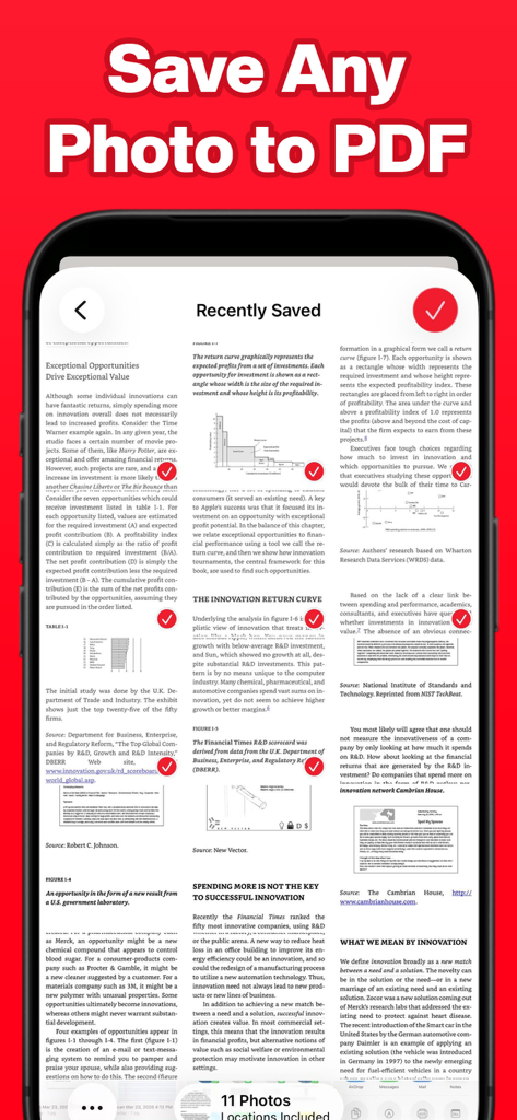 Oberfläche der Scnr-App, die kürzlich gespeicherte Dokumente und eine Überschrift anzeigt, die besagt: 'Speichern Sie jedes Foto als PDF'.