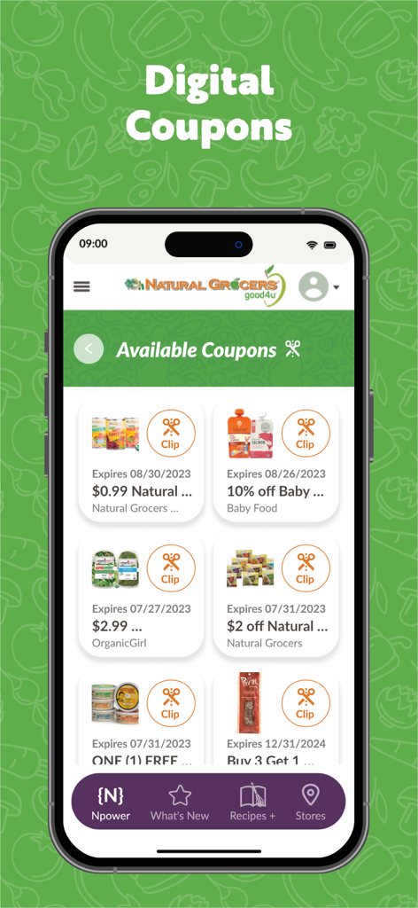 Natural Grocers - Schermata dei coupon digitali nell'app mobile Natural Grocers che mostra premi e sconti