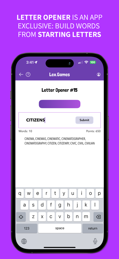 Lex Games Letter OpenerワードパズルゲームのiPhoneインターフェース。