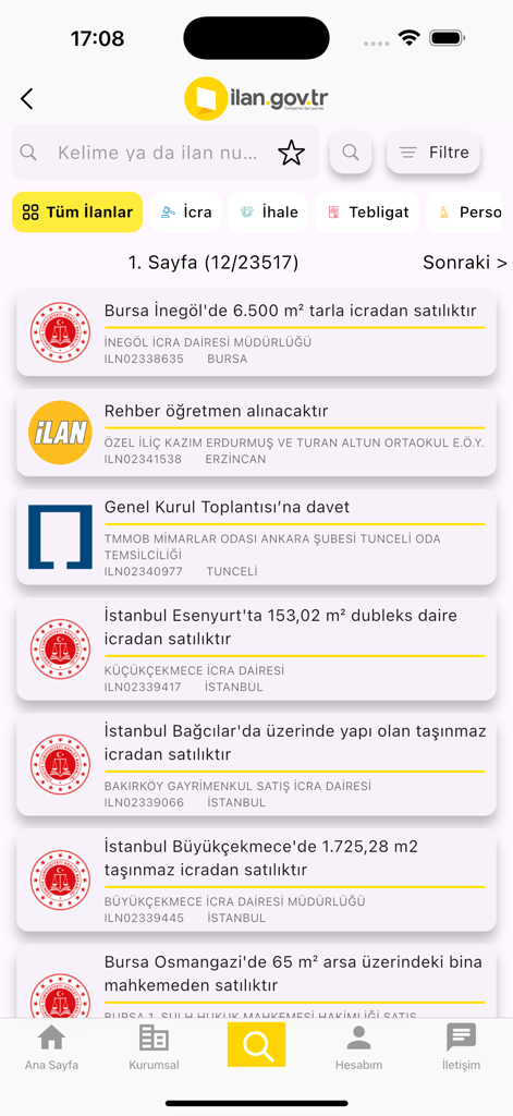 Resmi ilanlar - Mobile app interface for Resmi ilanlar showing official Turkish government announcements and foreclosure listings