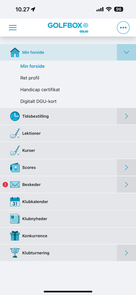 GolfBox App - Main menu of the GolfBox mobile app showing options for tee time booking scores and club tournaments