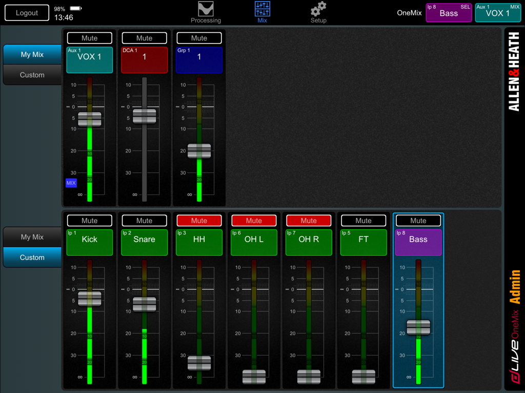dLive OneMix - Interface of the dLive OneMix app showing a digital audio mixing board with faders for vocals and instruments