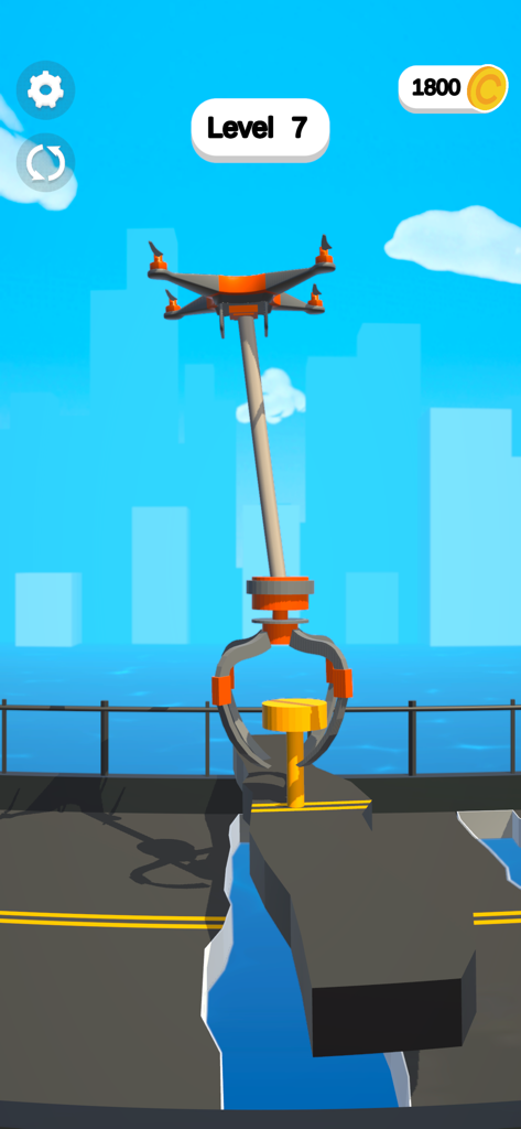 Claw Builder: Drone Machine - A flying drone with a claw grabber picking up a yellow object in the Claw Builder game