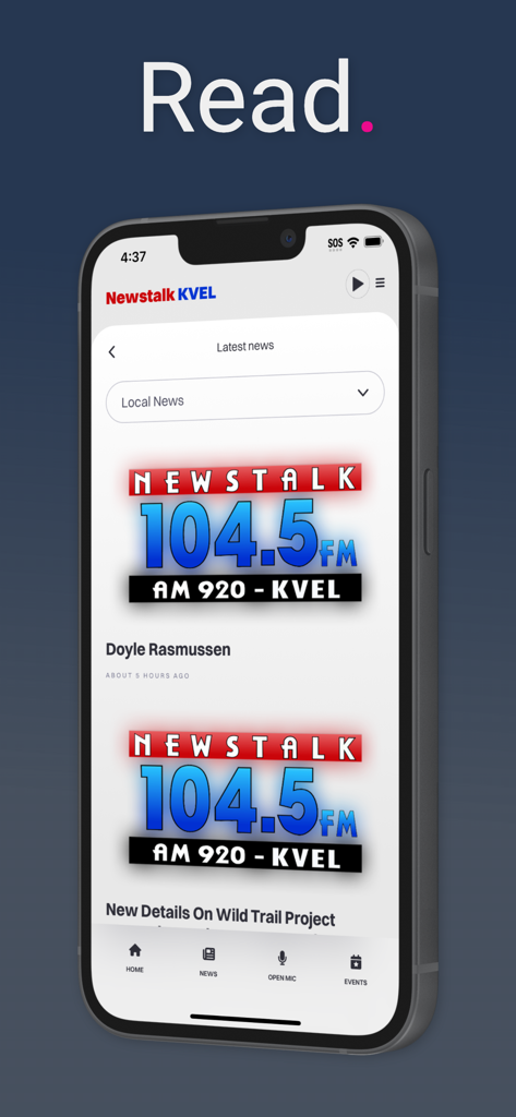 Newstalk 104.5 KVEL - A smartphone displaying the latest local news feed on the Newstalk 104.5 KVEL mobile application