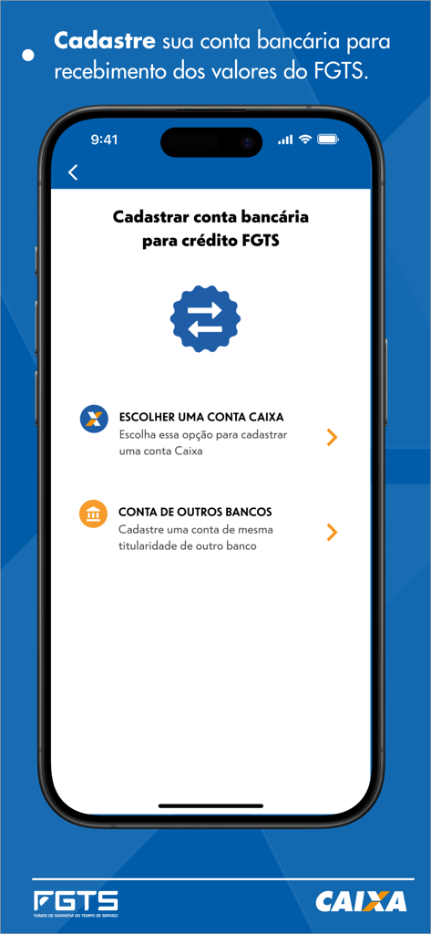 FGTS - Screen from the FGTS app showing options to register a Caixa or other bank account to receive funds