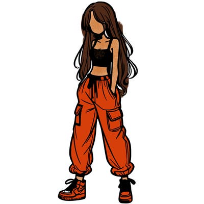 girl in baggy pants crop top and long hair