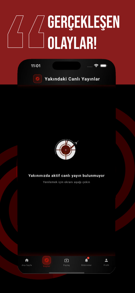 Olay Var app interface showing a radar scanning for nearby live broadcasts of local incidents