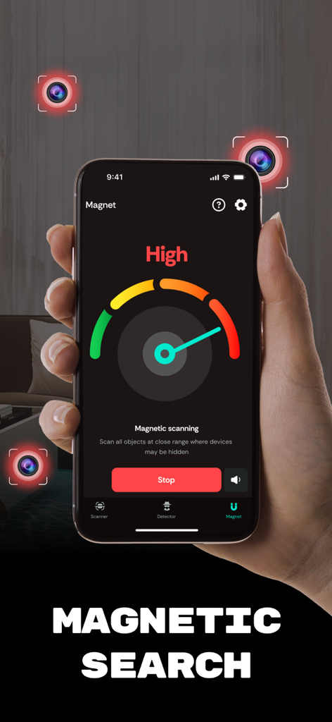Camera Detector Device Tracker - 隠しカメラを検出するための磁気検索ゲージを表示するスマートフォンの画面。