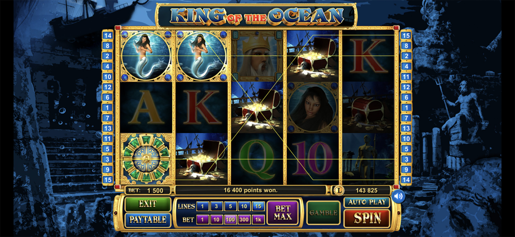 LiveGames Slots - Gameplay screenshot of the King of the Ocean slot machine within the LiveGames Slots app featuring mermaids and treasure chests