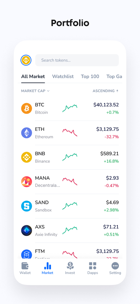 Rice Crypto Wallet market dashboard showing real time cryptocurrency prices and trends
