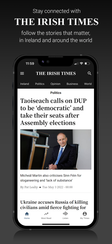 The Irish Times News - The Irish Times News 앱 홈 화면에 스마트폰으로 Taoiseach와 DUP에 대한 정치 기사가 표시됨