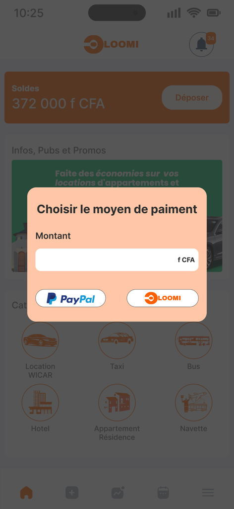 Loomi mobile app interface showing a payment method selection pop-up with PayPal and local balance options