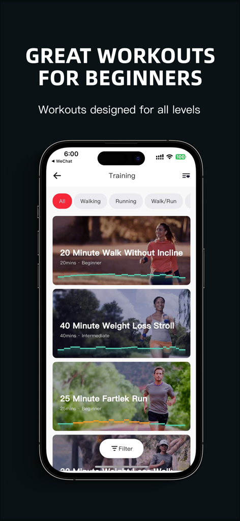 FitShow: Treadmill Workout - FitShow app interface displaying various training programs including walking and running workouts for all fitness levels.