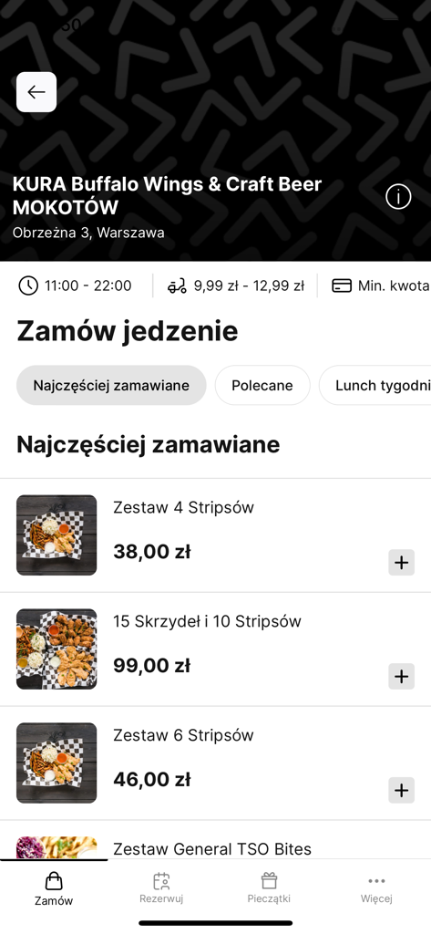 KURA - Interfaz de la aplicación KURA mostrando un menú de comida con varias opciones de alitas y tiras de pollo para pedir