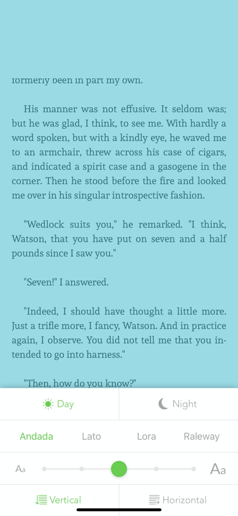 Interface of the Offline Books app showing reading customization settings including font and night mode options over a classic novel page