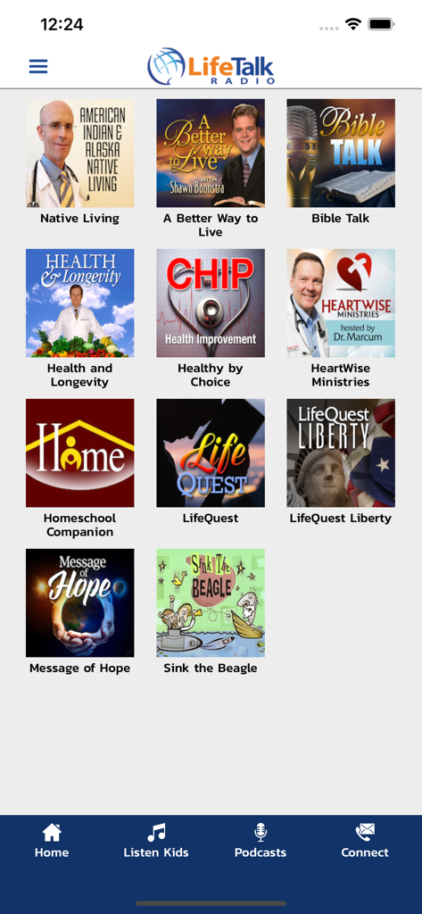 Lifetalk Radio - LifeTalk Radio mobile app screen displaying a grid of various Christian radio programs and podcasts