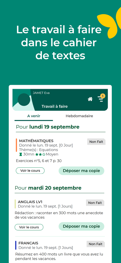 PRONOTE app interface displaying upcoming school assignments for mathematics and languages