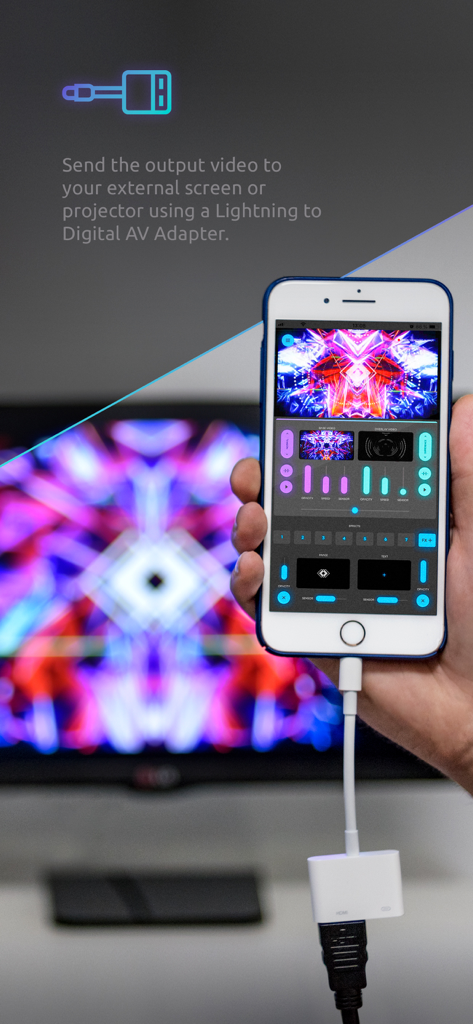 V4M — Visuals for Music - iPhone usando la app V4M conectado a un monitor externo con un adaptador de Lightning a AV digital