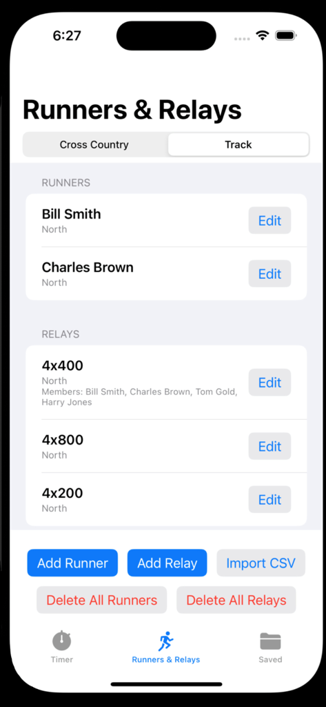 XC & Track Timer - Tela de corredores e revezamentos no aplicativo XC e Track Timer mostrando listas de atletas e equipes de revezamento com opções para adicionar corredores ou importar listas CSV