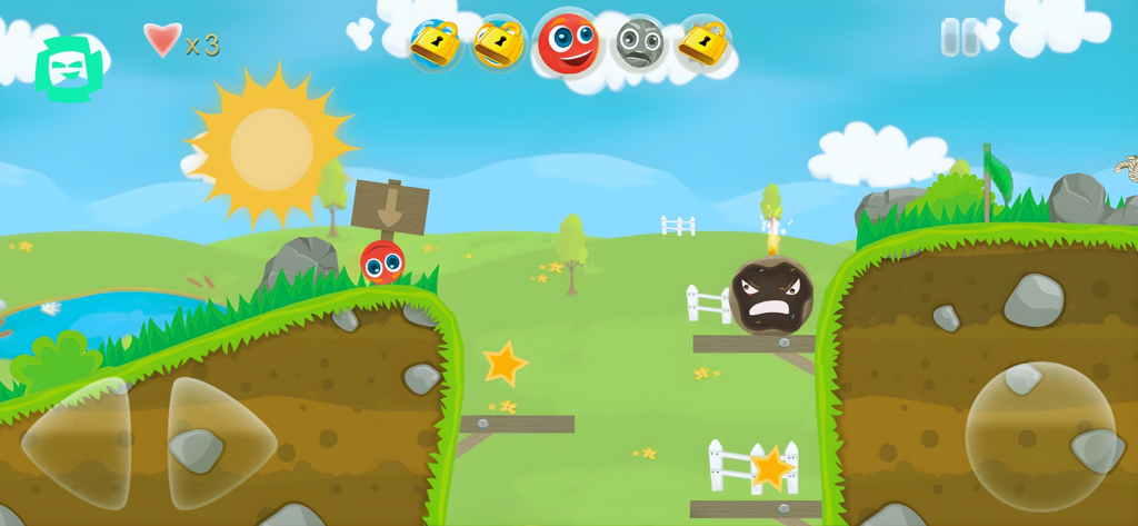 Gameplay screenshot of Bounce Tales showing a red ball character in a vibrant meadow level.