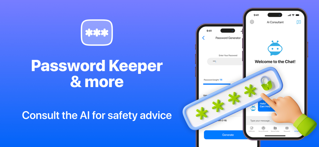 The iProtect app interface showing its password keeper and AI safety advisor features