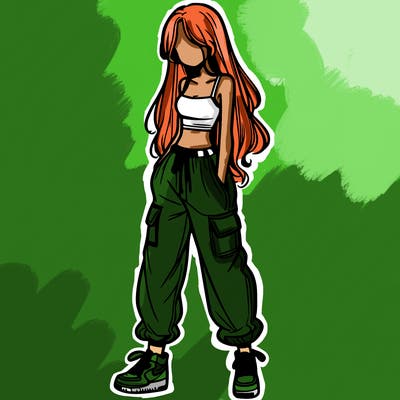 girl in baggy pants crop top and long hair