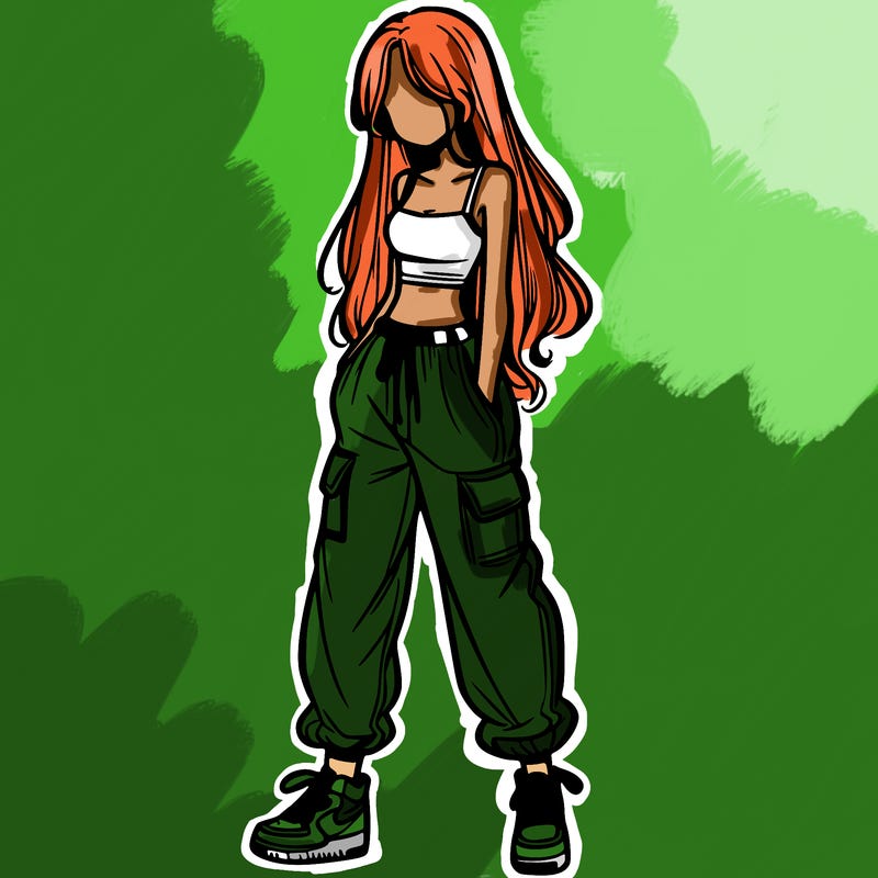 girl in baggy pants crop top and long hair