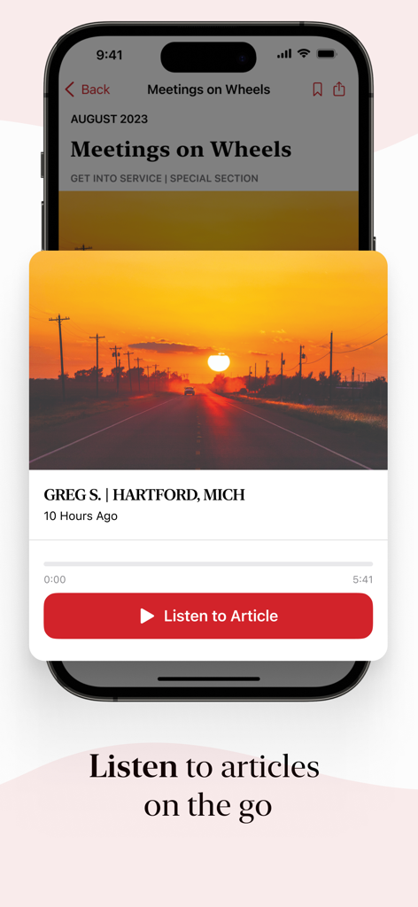 AA Grapevine - AA Grapevine app interface featuring an audio player to listen to recovery articles.
