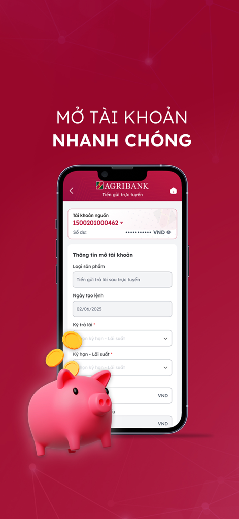Agribank mobile app interface for quick account opening with a pink piggy bank