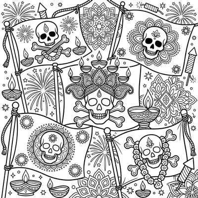 Unleash your creativity with this striking coloring page that merges the rebellious spirit of Jolly Roger flags with the radiant celebration of Diwali. Discover intricate designs featuring skulls adorned with festive diyas, fireworks, and beautiful rangoli patterns, offering a truly unique artistic challenge.