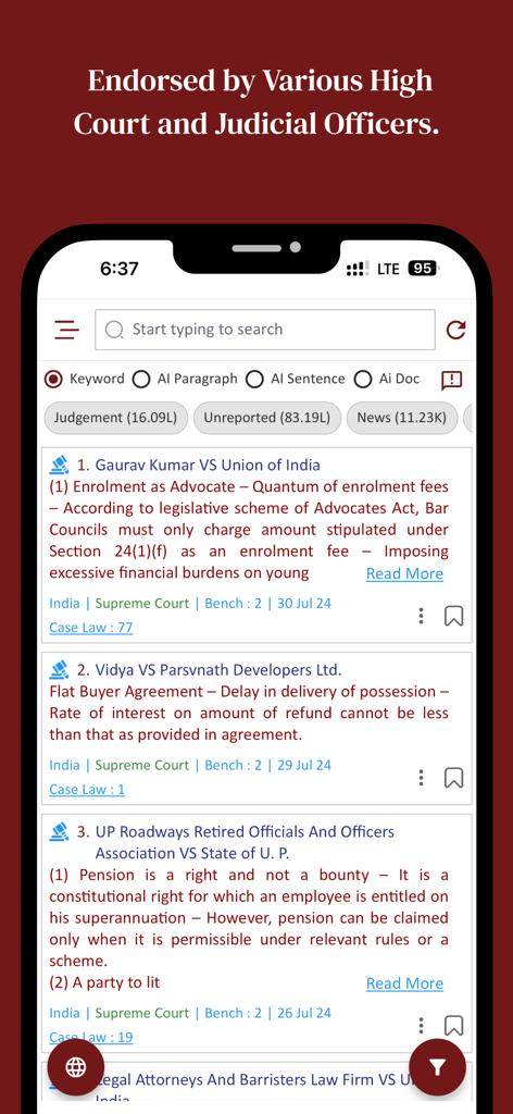 Supreme Today AI - Smartphone screen showing a legal case search result list with AI-powered filtering options for judicial professionals